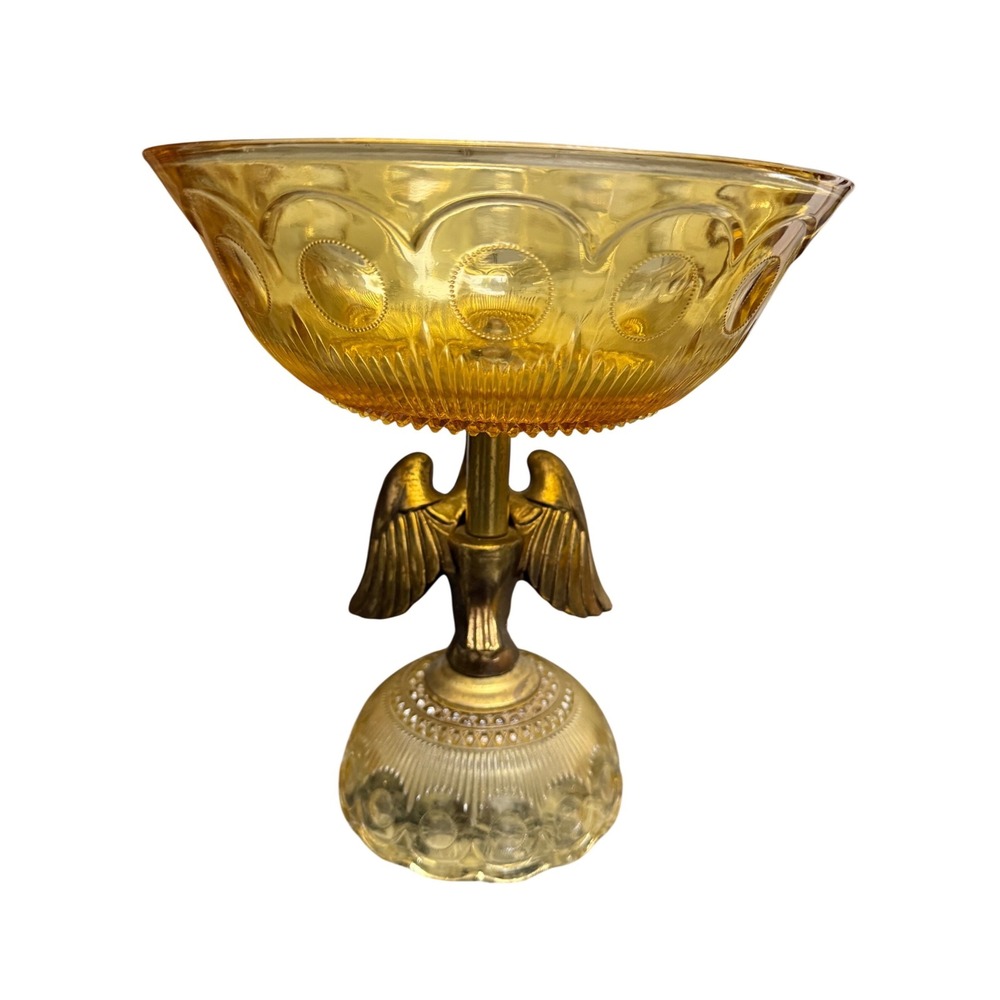 Vintage Mid Century Amber Glass Pedestal Compote Bowl Brass Eagle Candy, Fruit - Picture 5 of 6
